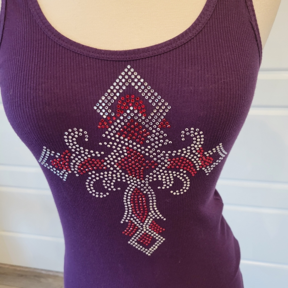 PURPLE RHINESTONE TWISTED CROSS TANK TOP SIZE MEDIUM NWOT - Picture 2 of 6